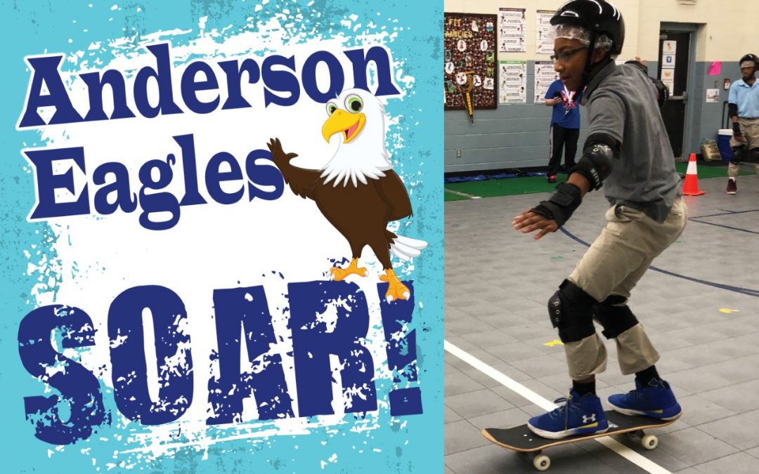Anderson Elementary PE students exercise through skateboarding