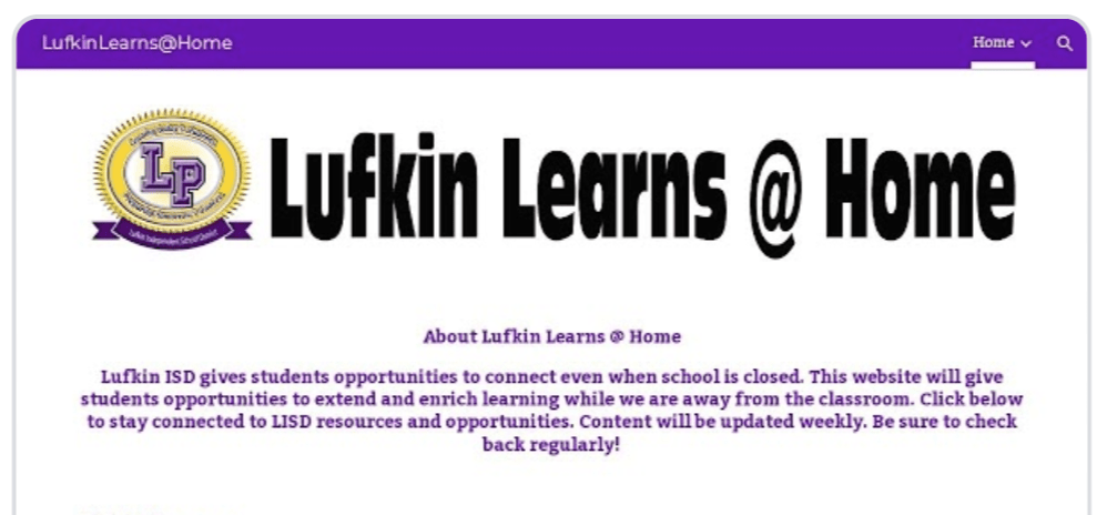 Lufkin Learns @ Home website for students and parents