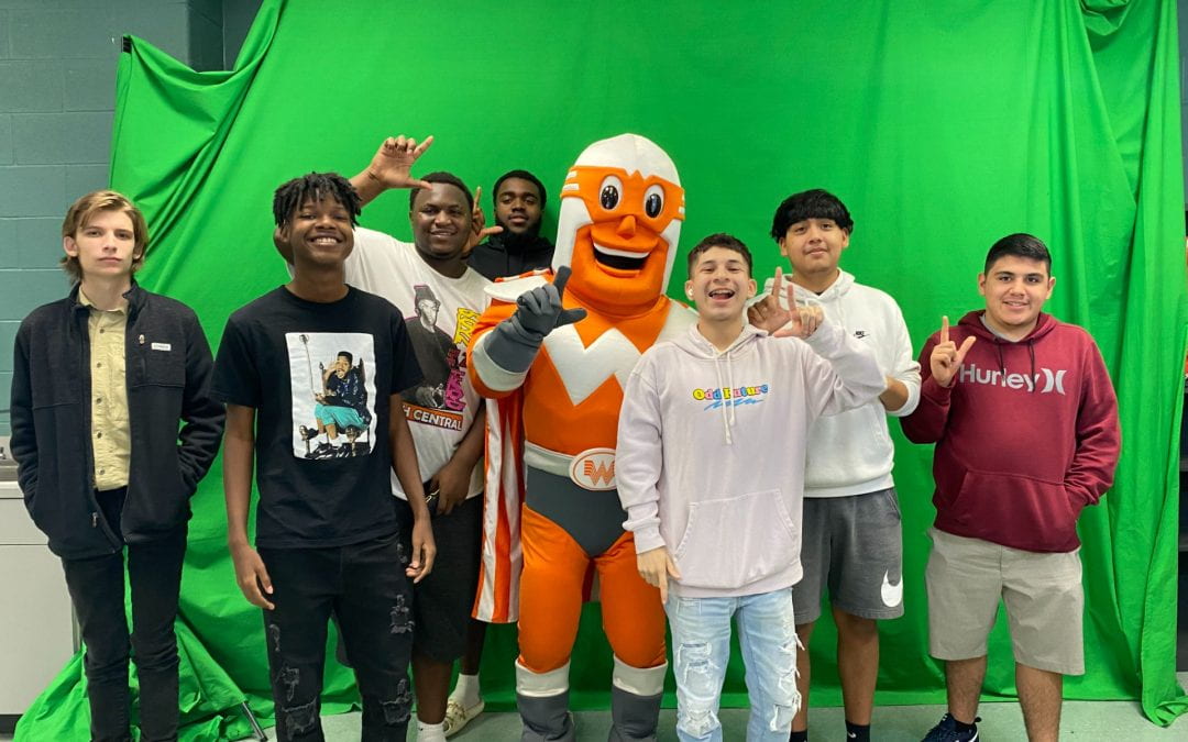 Lufkin High School AV class film a Packtron commercial for Whataburger with Whataguy