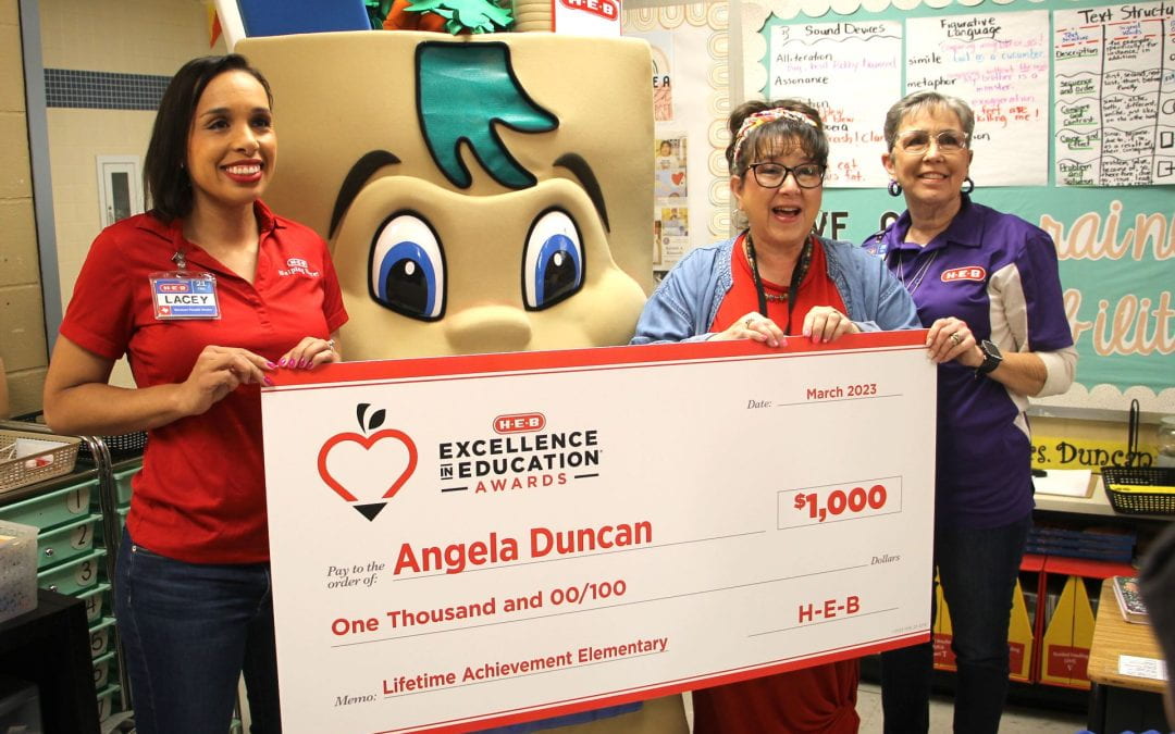 Third grade teacher Angela Duncan is surprised as H-E-B Excellence in Education Award finalist
